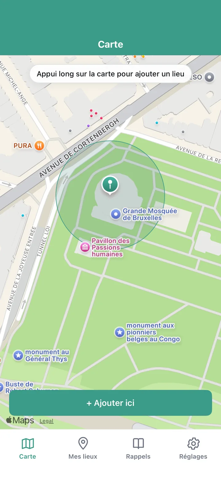 Carte avec un lieu Mosquée de Bruxelles et son périmètre de déclenchement en cercle vert.