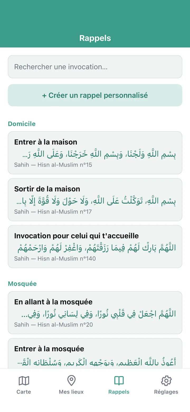 Liste d'invocations du Hisn al-Muslim classées par contexte (Domicile, Mosquée).