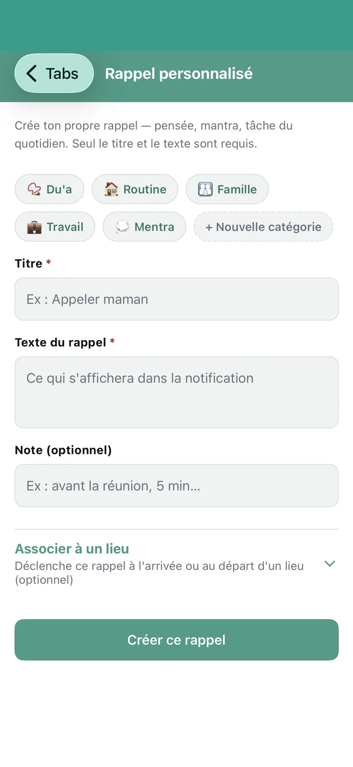 Formulaire de création d'un rappel personnalisé avec chips de catégorie.