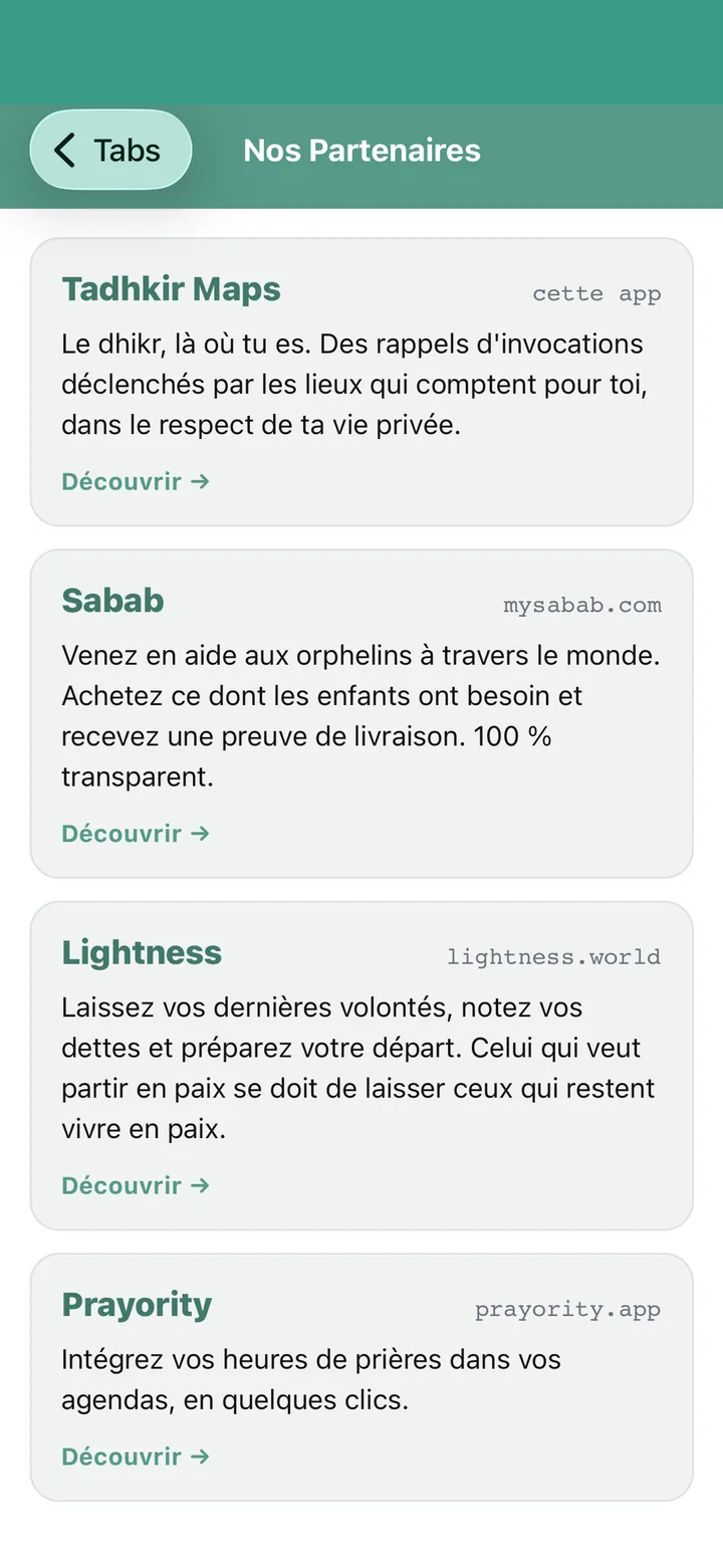 Écran partenaires listant Sabab, Lightness, Prayority.