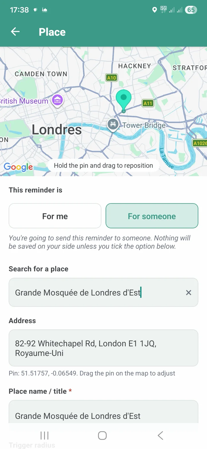 Place creation screen with the 'For me / For someone' switch on 'For someone'.