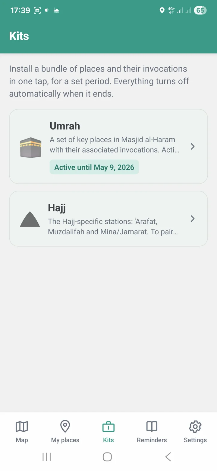 Kits tab showing Omra and Hajj kits ready to install.