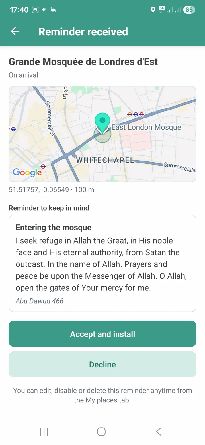 'Reminder received' screen with map, dua to remember, Accept or Refuse buttons.