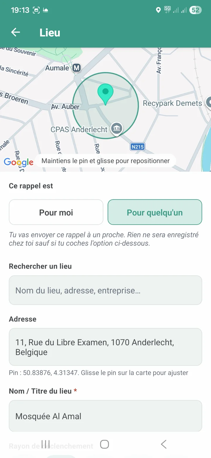 Écran de création d'un lieu avec le sélecteur « Pour moi / Pour quelqu'un » actif sur « Pour quelqu'un ».