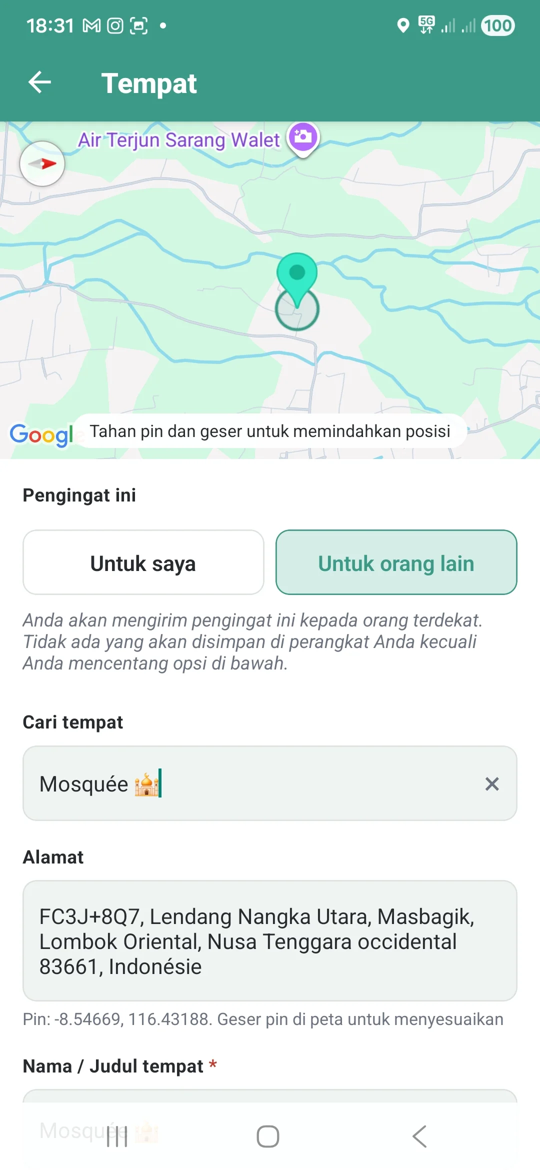Layar pembuatan tempat dengan pemilih "Untuk saya / Untuk seseorang" aktif pada "Untuk seseorang".