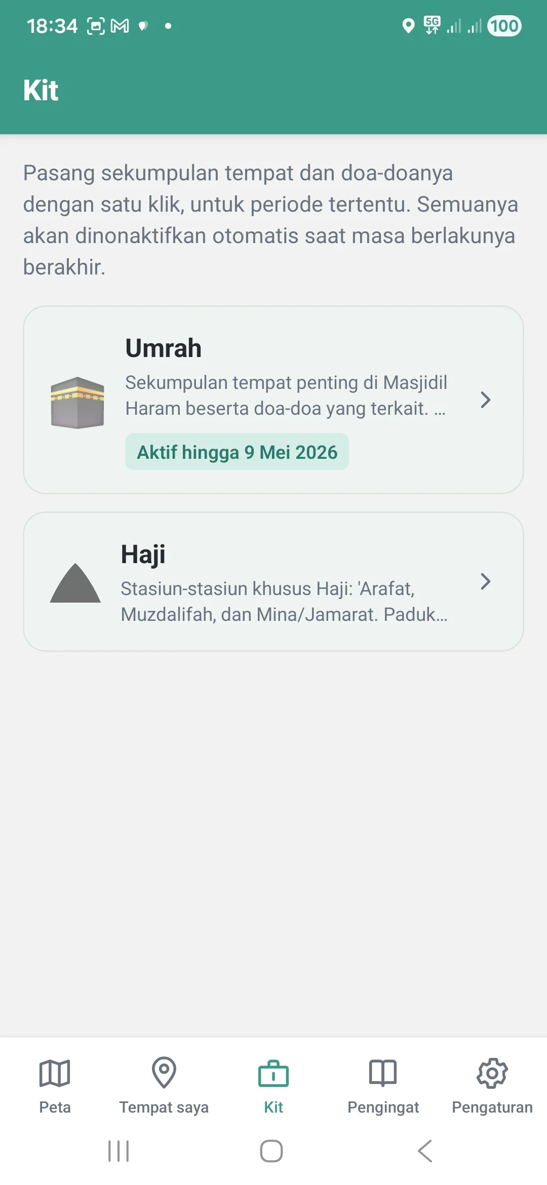 Tab Paket menampilkan paket Umrah dan Hajj siap dipasang.