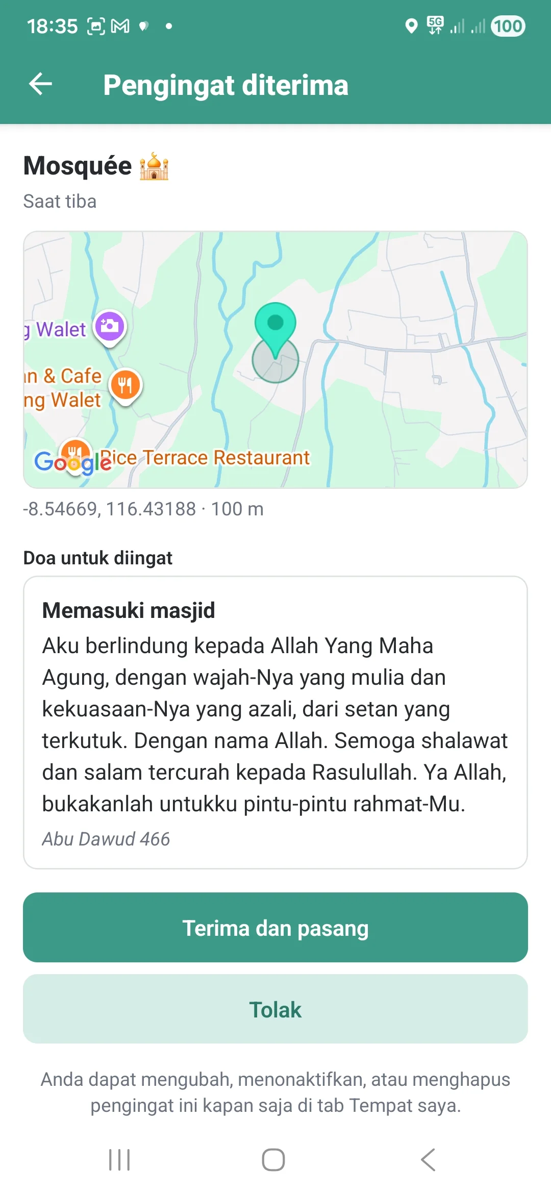 Layar "Pengingat diterima" dengan peta, doa untuk diingat, tombol Terima atau Tolak.
