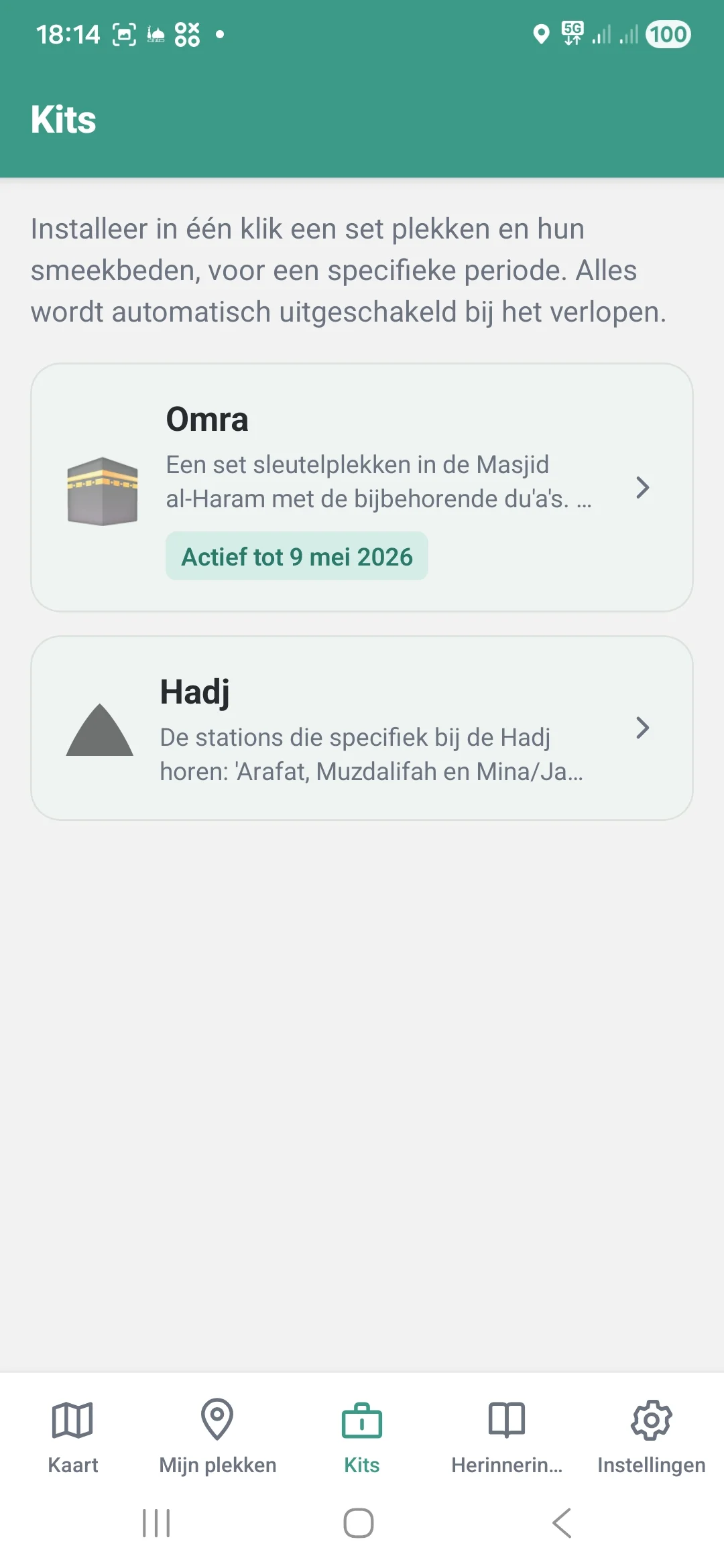 Tabblad Pakketten met de Umrah- en Hajj-pakketten klaar om te installeren.